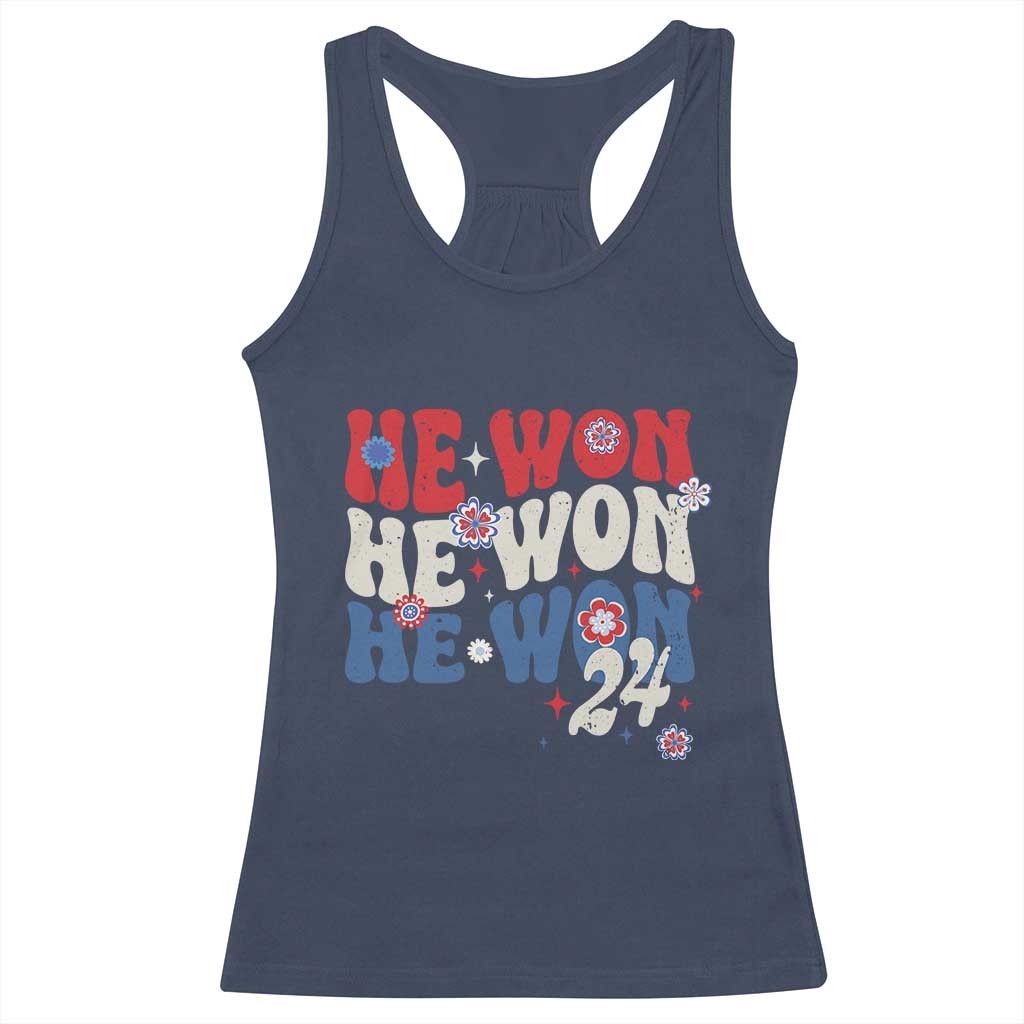 Trump US President He Won 2024 Groovy Retro Racerback Tank Top TS09 Navy Print Your Wear