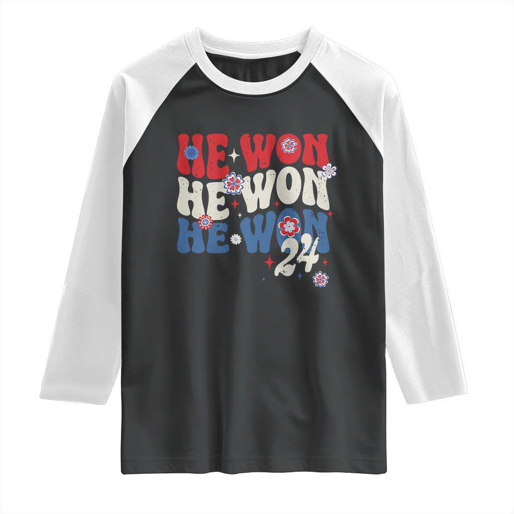 Trump US President He Won 2024 Groovy Retro Raglan Shirt TS09 Black White Print Your Wear