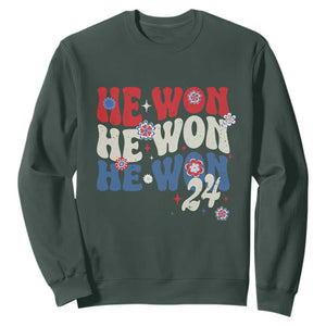 Trump US President He Won 2024 Groovy Retro Sweatshirt TS09 Dark Forest Green Print Your Wear