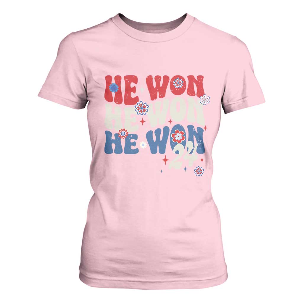 Trump US President He Won 2024 Groovy Retro T Shirt For Women TS09 Light Pink Print Your Wear