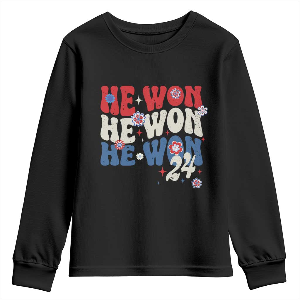 Trump US President He Won 2024 Groovy Retro Youth Sweatshirt TS09 Black Print Your Wear