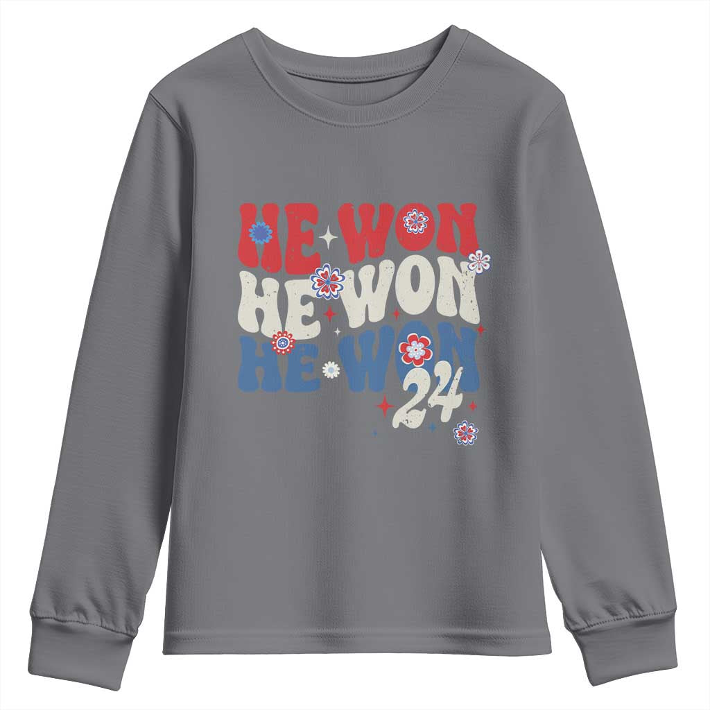 Trump US President He Won 2024 Groovy Retro Youth Sweatshirt TS09 Charcoal Print Your Wear