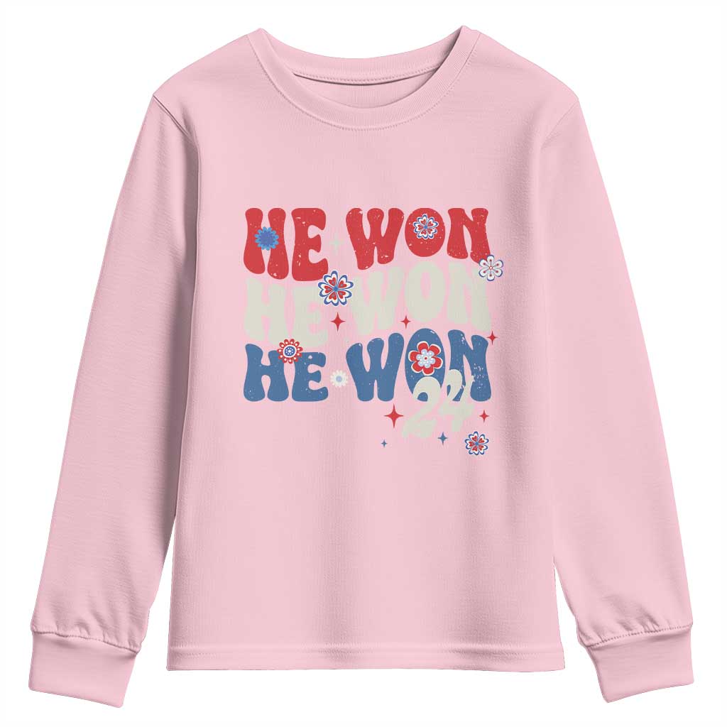 Trump US President He Won 2024 Groovy Retro Youth Sweatshirt TS09 Light Pink Print Your Wear