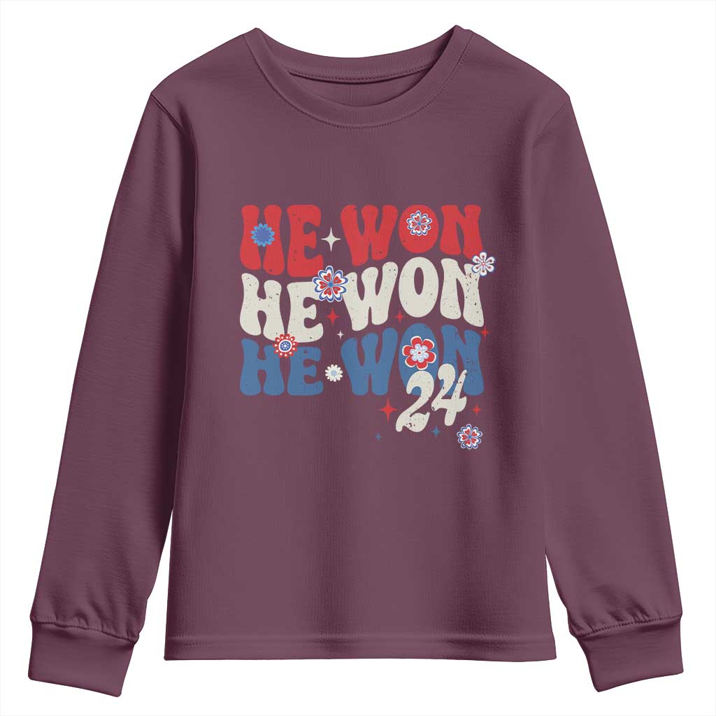 Trump US President He Won 2024 Groovy Retro Youth Sweatshirt TS09 Maroon Print Your Wear