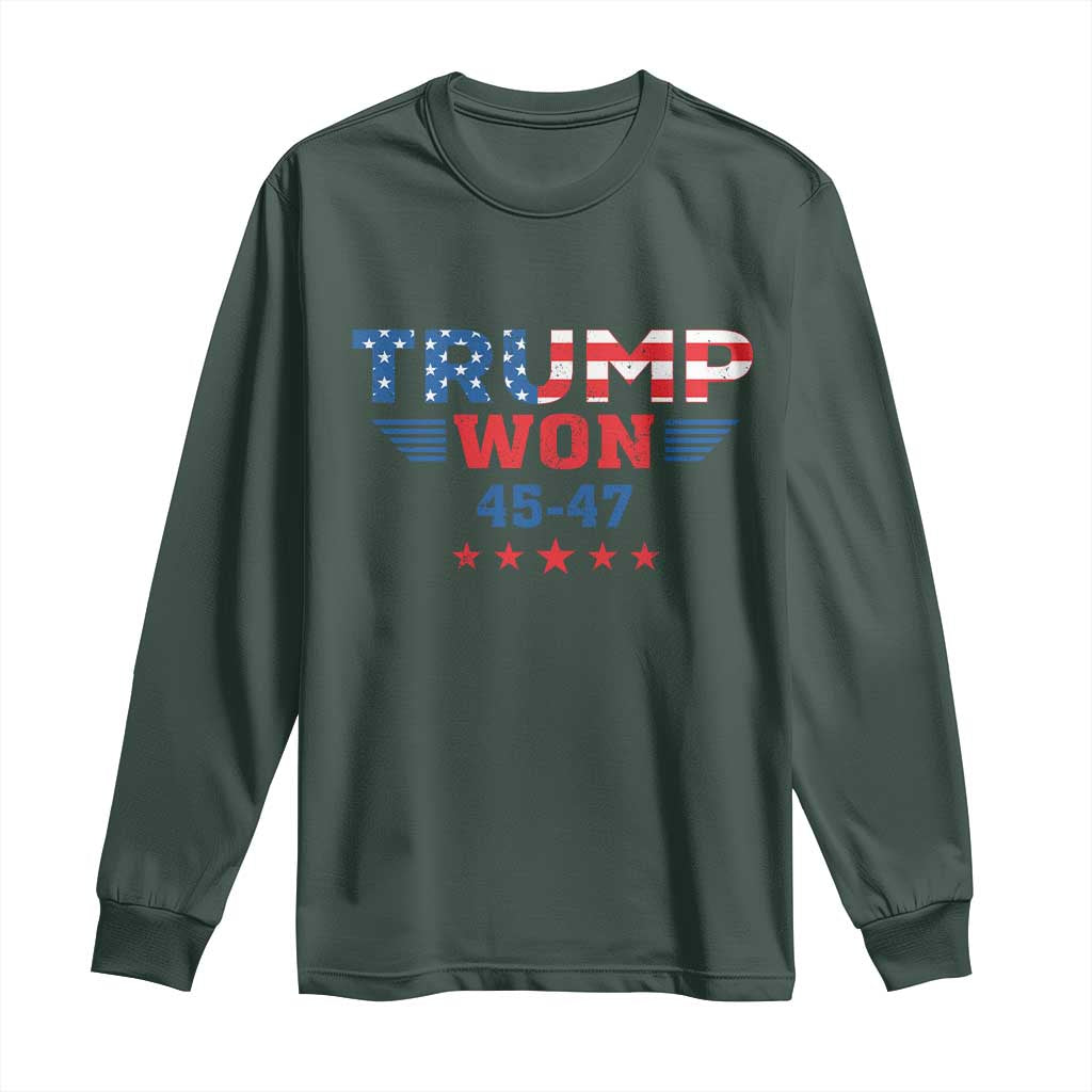 Trump Won 2024 Long Sleeve Shirt 45 47 President American Flag Patriotic TS09 Dark Forest Green Print Your Wear