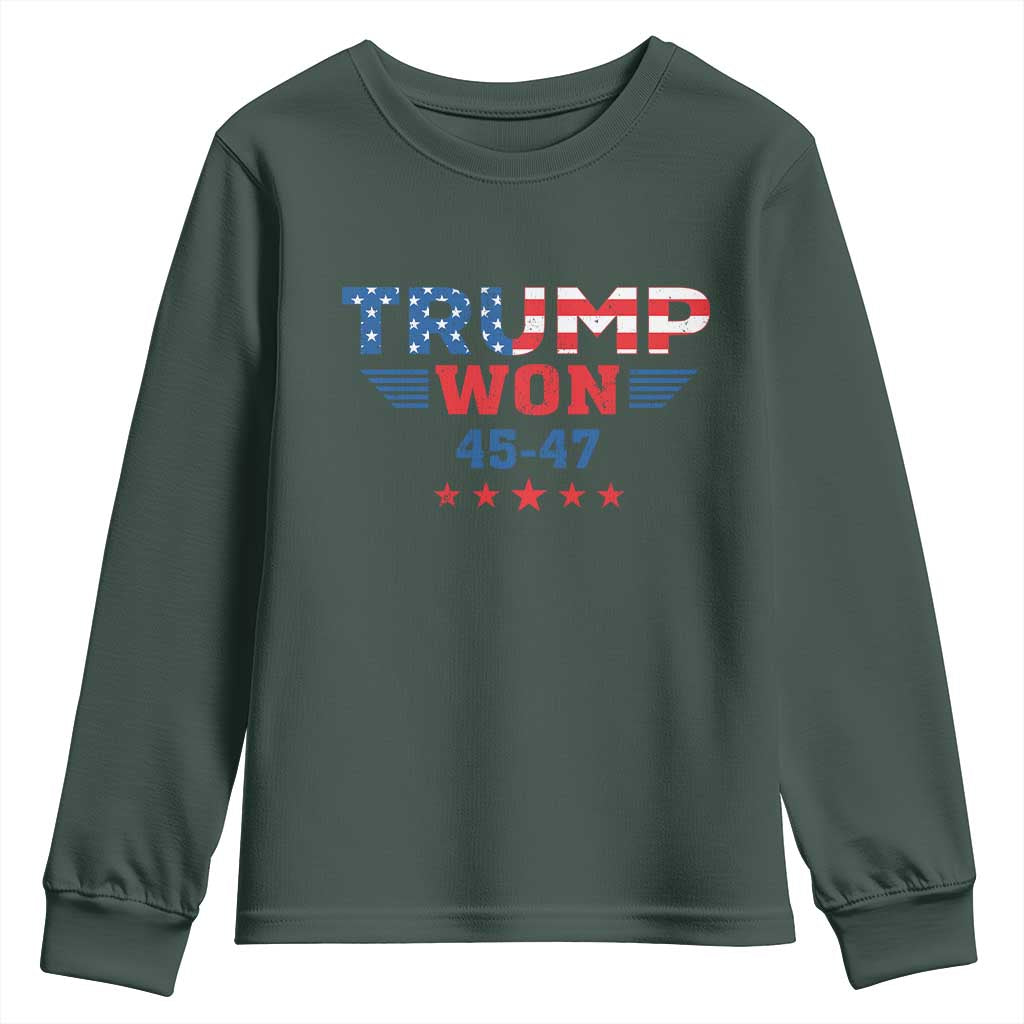 Trump Won 2024 Youth Sweatshirt 45 47 President American Flag Patriotic TS09 Dark Forest Green Print Your Wear