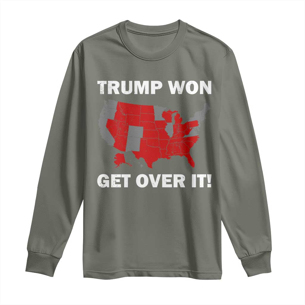 Trump Won 2024 Long Sleeve Shirt Trump Election Map 2024 Get Over It TS09 Military Green Print Your Wear