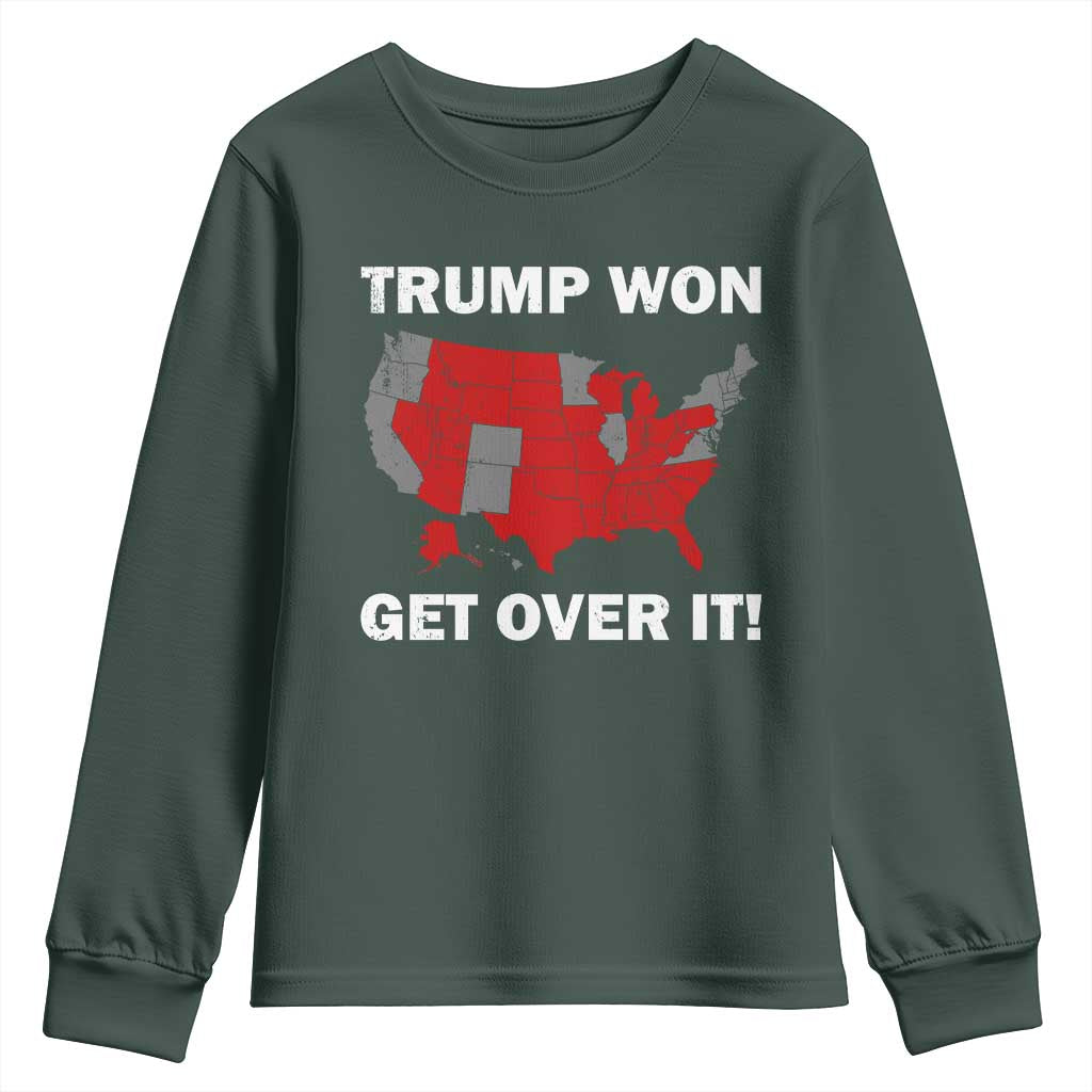 Trump Won 2024 Youth Sweatshirt Trump Election Map 2024 Get Over It TS09 Dark Forest Green Print Your Wear