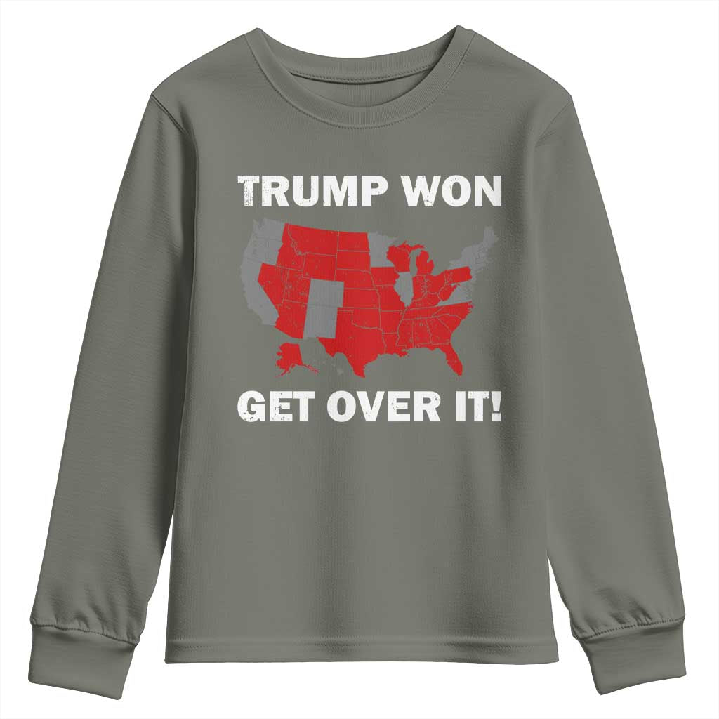 Trump Won 2024 Youth Sweatshirt Trump Election Map 2024 Get Over It TS09 Military Green Print Your Wear