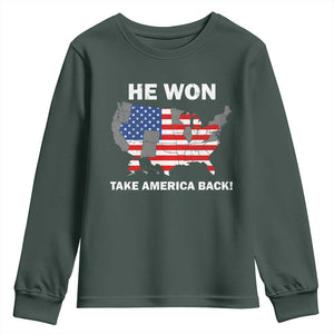 Trump Won 2024 Youth Sweatshirt Trump Election Map 2024 He Won Take America Back TS09 Dark Forest Green Print Your Wear