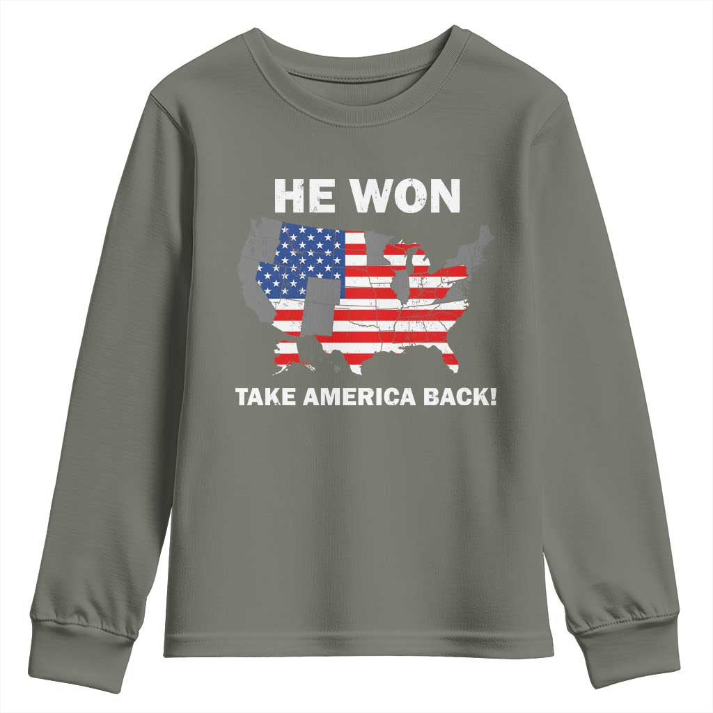 Trump Won 2024 Youth Sweatshirt Trump Election Map 2024 He Won Take America Back TS09 Military Green Print Your Wear