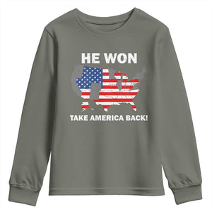 Trump Won 2024 Youth Sweatshirt Trump Election Map 2024 He Won Take America Back TS09 Military Green Print Your Wear