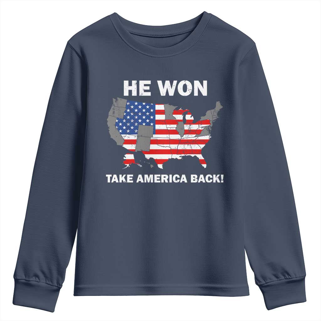 Trump Won 2024 Youth Sweatshirt Trump Election Map 2024 He Won Take America Back TS09 Navy Print Your Wear