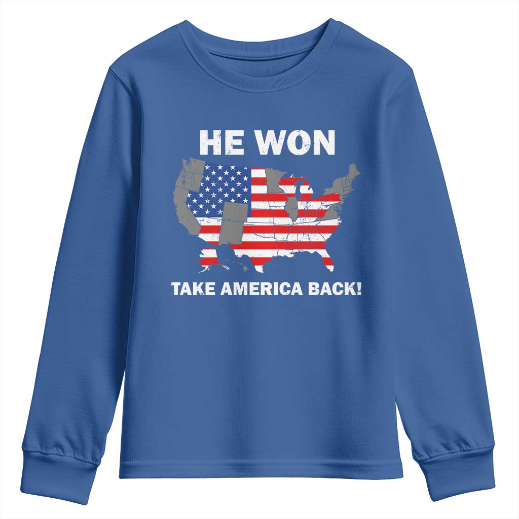 Trump Won 2024 Youth Sweatshirt Trump Election Map 2024 He Won Take America Back TS09 Royal Blue Print Your Wear