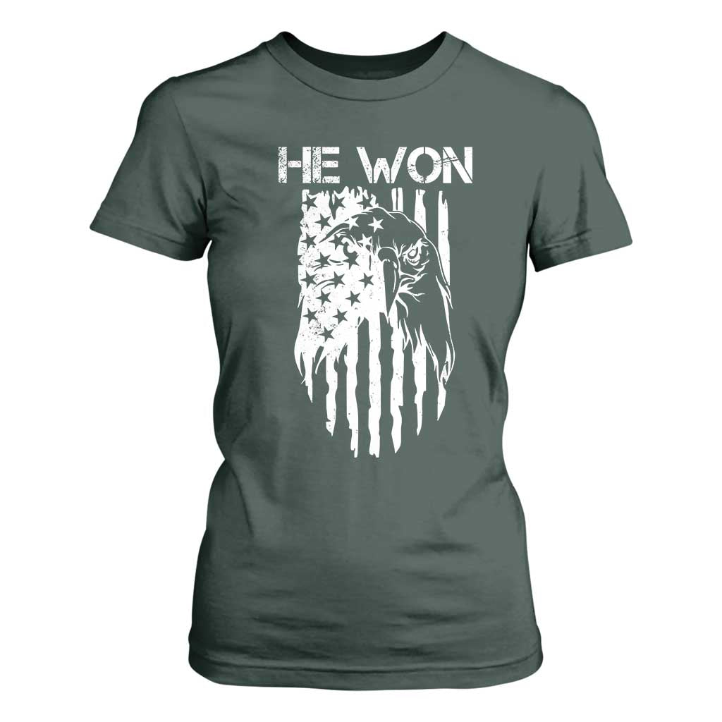 Trump Won 2024 T Shirt For Women He Won Patriotic America Flag Eagle TS09 Dark Forest Green Print Your Wear