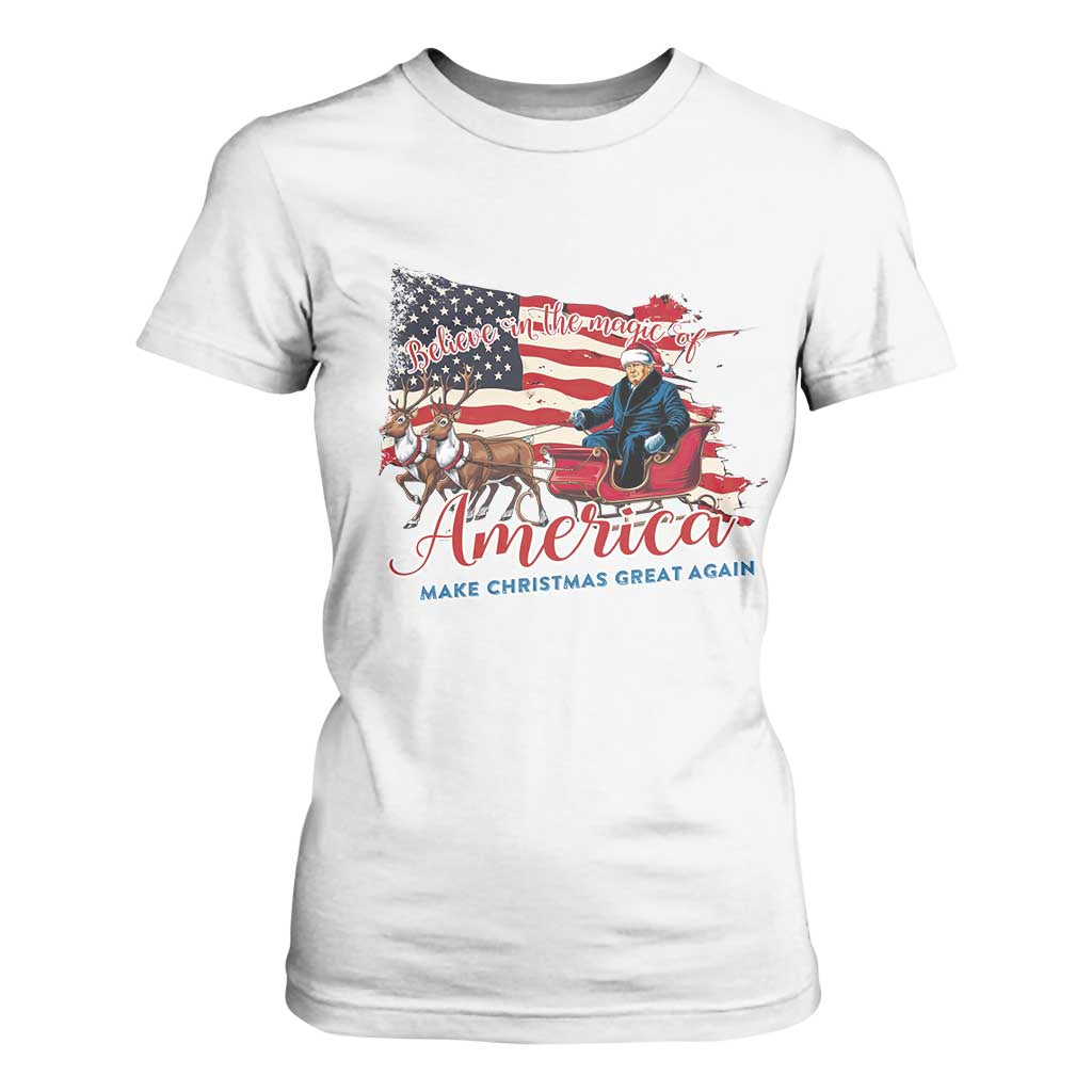 Christmas Trump T Shirt For Women Believe In The Magic Of America Make Christmas Great Again TS09 White Print Your Wear