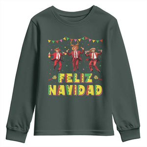 Funny Mexico Xmas Trump Youth Sweatshirt Feliz Navidad Trump Dancing TS09 Dark Forest Green Print Your Wear