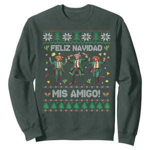 Funny Mexico Xmas Trump Sweatshirt Feliz Navidad Mis Amigo Trump Dancing TS09 Dark Forest Green Print Your Wear