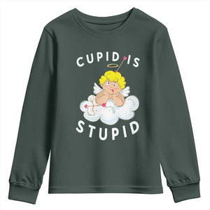 Cupid Is Stupid Funny Anti Valentine's Day Youth Sweatshirt TS09 Dark Forest Green Print Your Wear