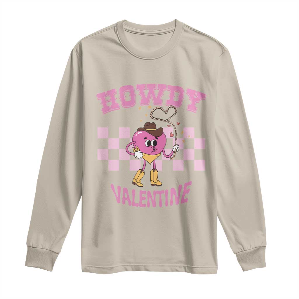 Valentine's Day Long Sleeve Shirt Howdy Valentine Heart Retro Groovy TS09 Sand Print Your Wear
