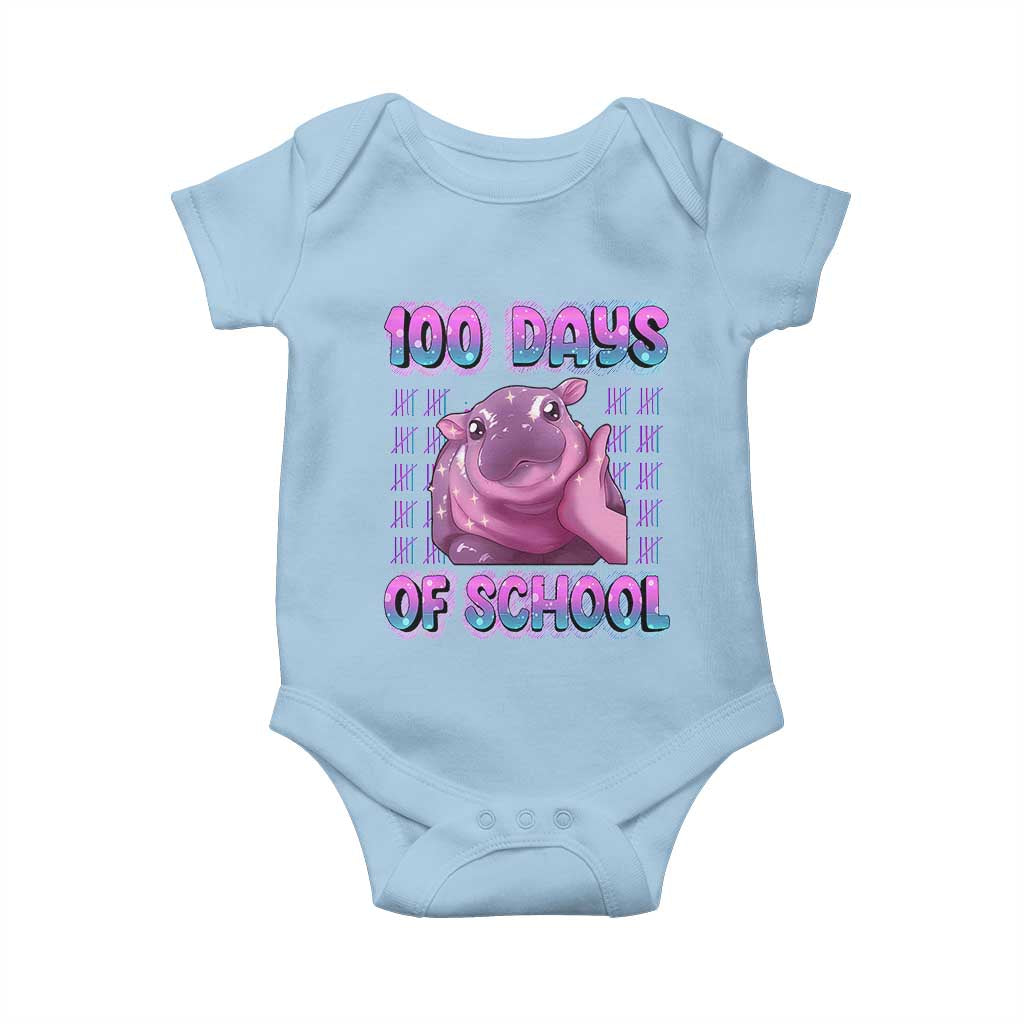 100th Day Of School Baby Onesie Cute Moo Deng Baby Hippo 100 Days TS09 Light Blue Print Your Wear