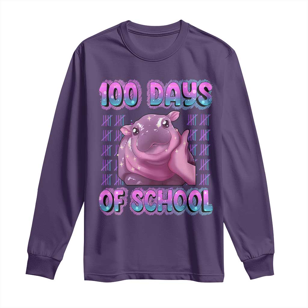 100th Day Of School Long Sleeve Shirt Cute Moo Deng Baby Hippo 100 Days TS09 Purple Print Your Wear