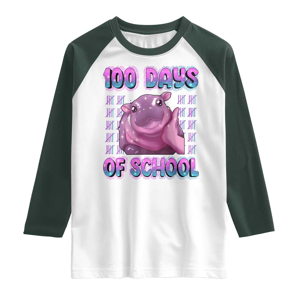 100th Day Of School Raglan Shirt Cute Moo Deng Baby Hippo 100 Days TS09 White Dark Forest Green Print Your Wear