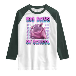 100th Day Of School Raglan Shirt Cute Moo Deng Baby Hippo 100 Days TS09 White Dark Forest Green Print Your Wear
