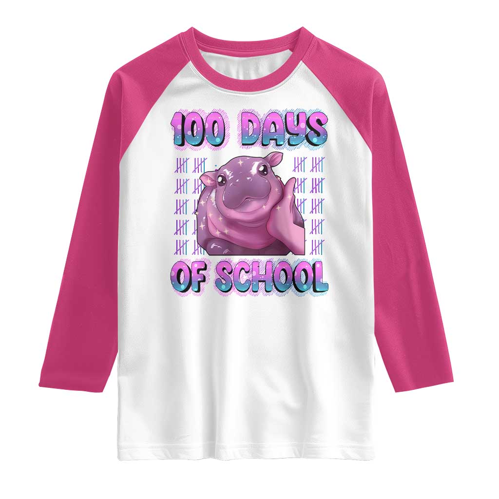 100th Day Of School Raglan Shirt Cute Moo Deng Baby Hippo 100 Days TS09 White Heliconia Print Your Wear