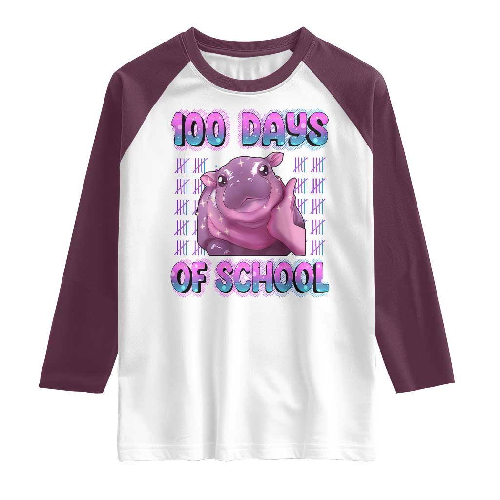 100th Day Of School Raglan Shirt Cute Moo Deng Baby Hippo 100 Days TS09 White Maroon Print Your Wear