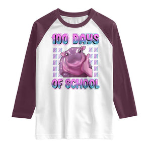 100th Day Of School Raglan Shirt Cute Moo Deng Baby Hippo 100 Days TS09 White Maroon Print Your Wear