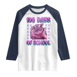100th Day Of School Raglan Shirt Cute Moo Deng Baby Hippo 100 Days TS09 White Navy Print Your Wear