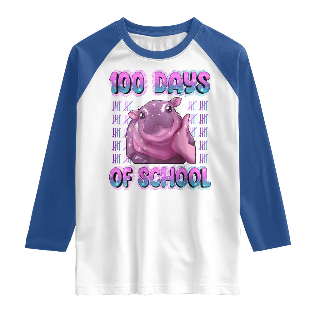 100th Day Of School Raglan Shirt Cute Moo Deng Baby Hippo 100 Days TS09 White Royal Print Your Wear