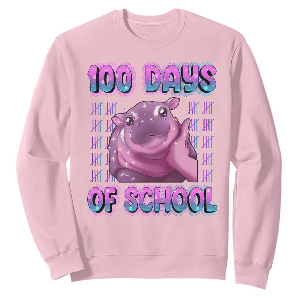 100th Day Of School Sweatshirt Cute Moo Deng Baby Hippo 100 Days TS09 Light Pink Print Your Wear