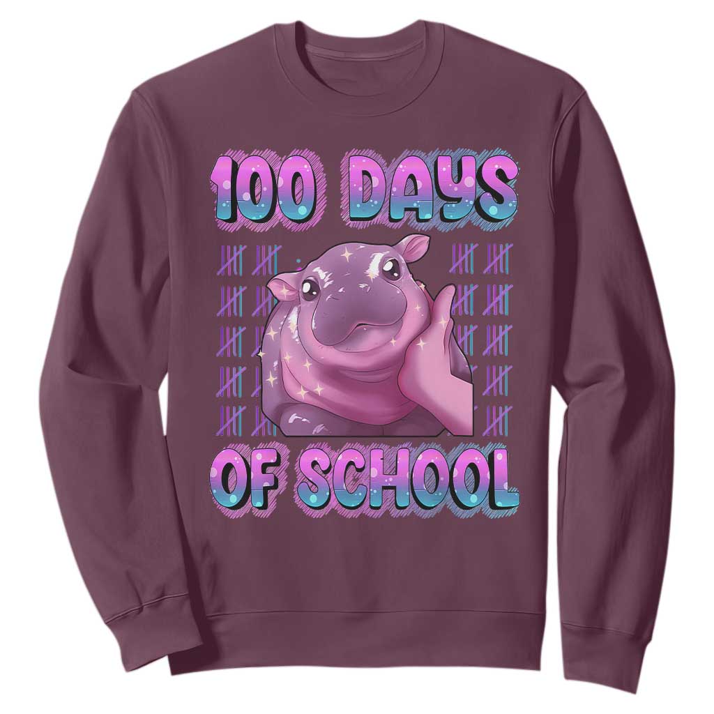 100th Day Of School Sweatshirt Cute Moo Deng Baby Hippo 100 Days TS09 Maroon Print Your Wear
