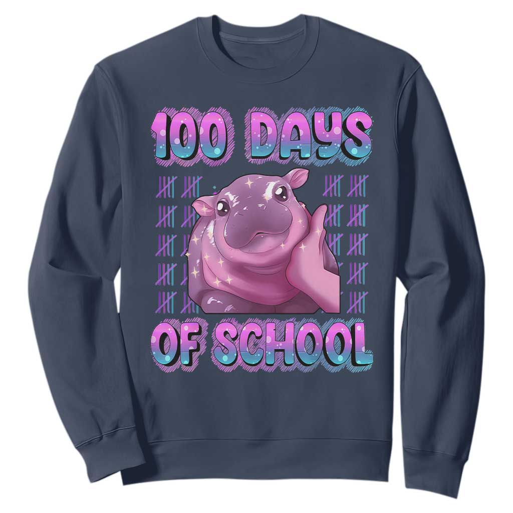 100th Day Of School Sweatshirt Cute Moo Deng Baby Hippo 100 Days TS09 Navy Print Your Wear