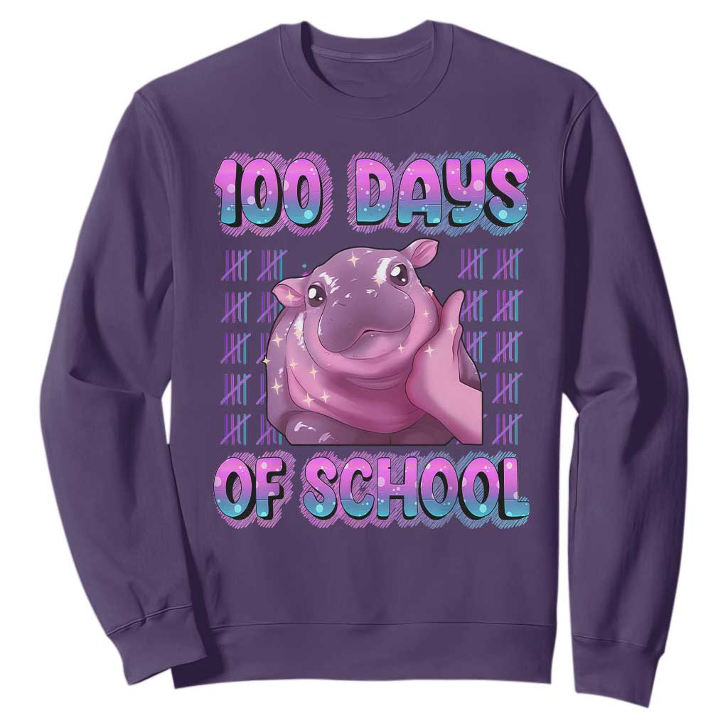 100th Day Of School Sweatshirt Cute Moo Deng Baby Hippo 100 Days TS09 Purple Print Your Wear