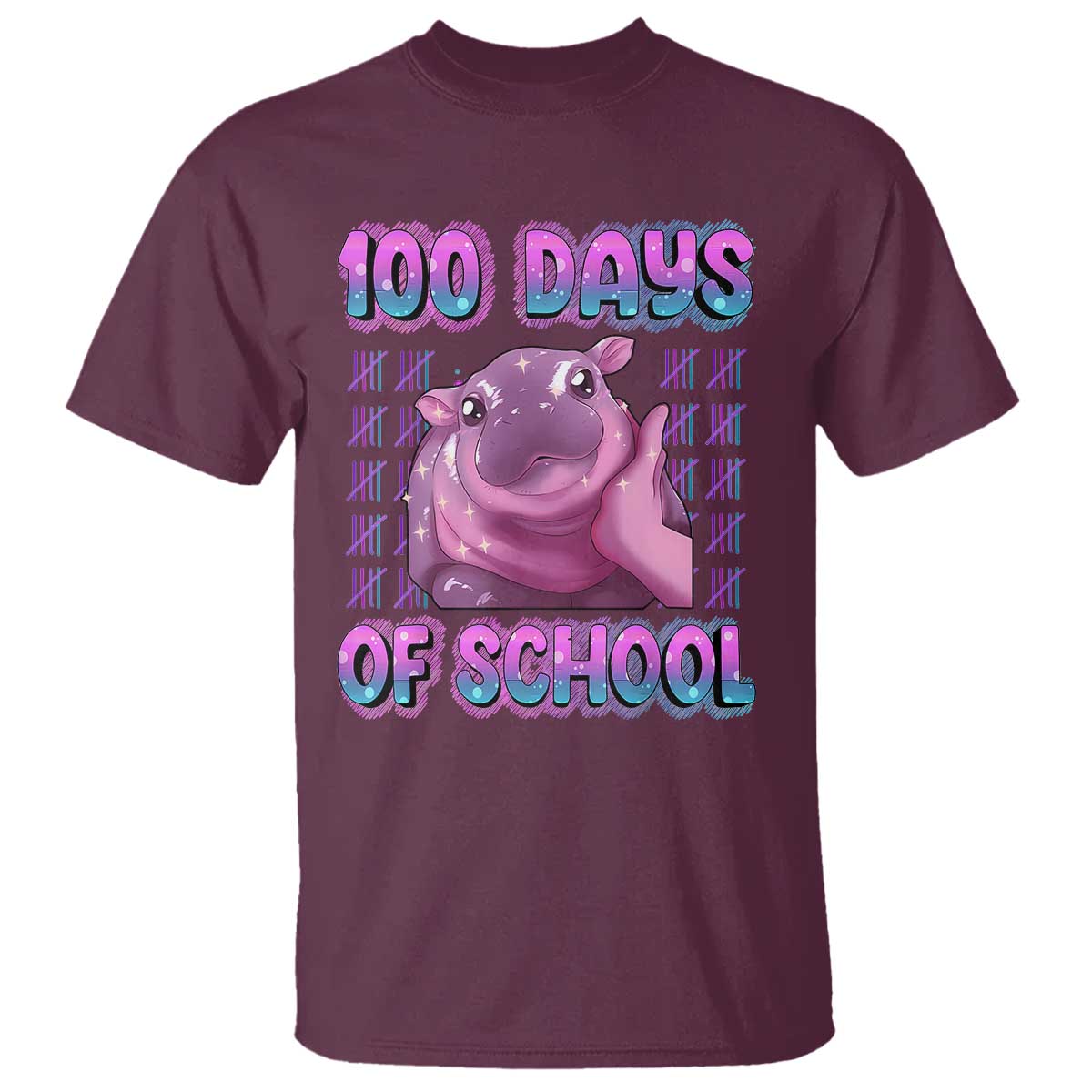 100th Day Of School T Shirt Cute Moo Deng Baby Hippo 100 Days TS09 Maroon Print Your Wear