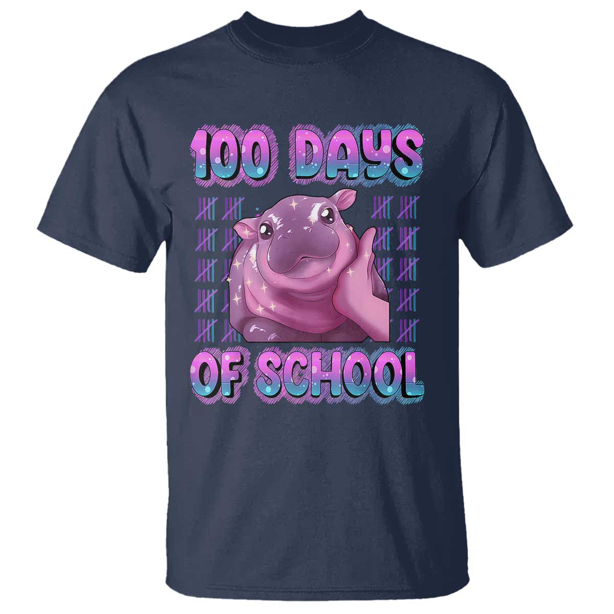 100th Day Of School T Shirt Cute Moo Deng Baby Hippo 100 Days TS09 Navy Print Your Wear