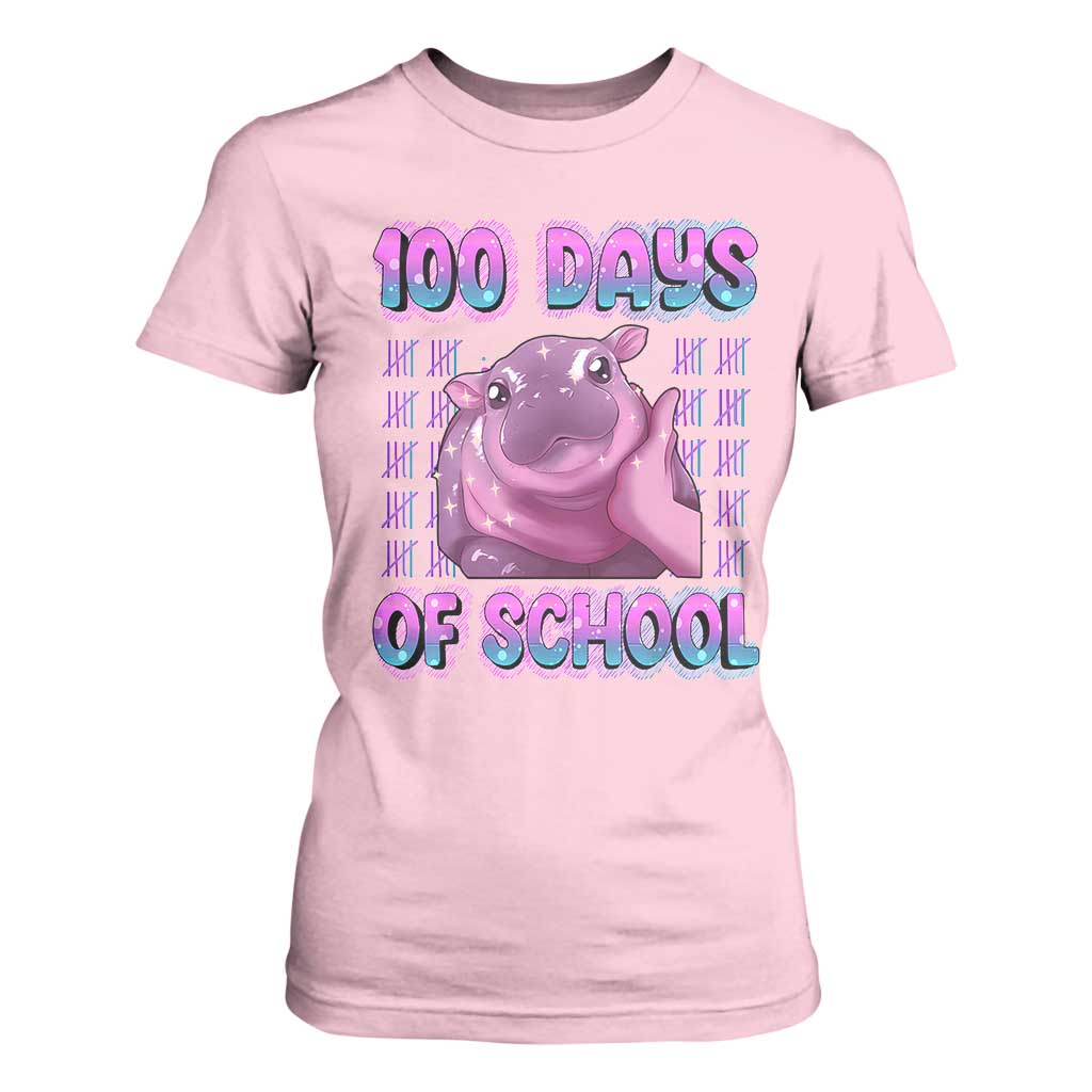 100th Day Of School T Shirt For Women Cute Moo Deng Baby Hippo 100 Days TS09 Light Pink Print Your Wear