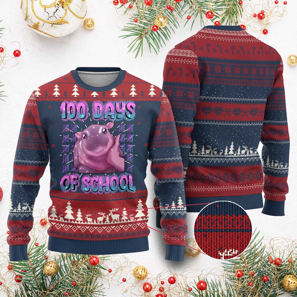 100th Day Of School Ugly Christmas Sweater Cute Moo Deng Baby Hippo 100 Days TS09 Burgundy Print Your Wear