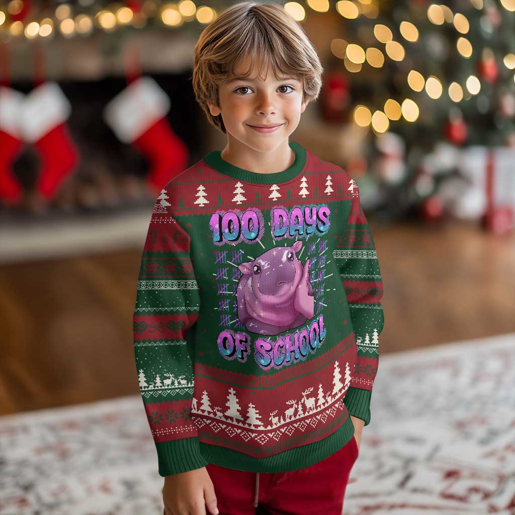 100th Day Of School Ugly Christmas Sweater Cute Moo Deng Baby Hippo 100 Days TS09 Christmas Print Your Wear