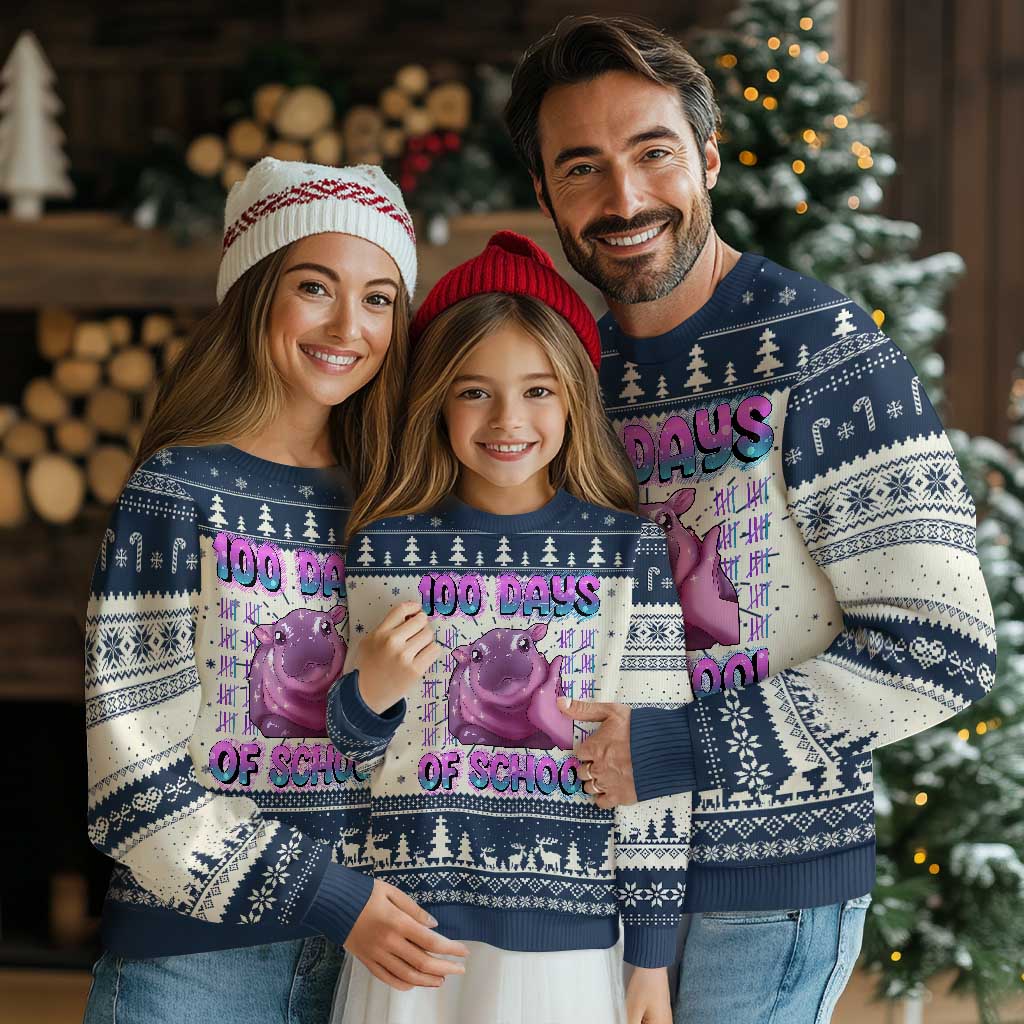 100th Day Of School Ugly Christmas Sweater Cute Moo Deng Baby Hippo 100 Days TS09 Navy Print Your Wear