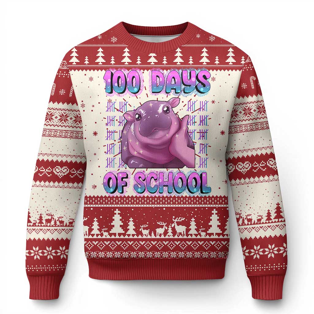 100th Day Of School Ugly Christmas Sweater Cute Moo Deng Baby Hippo 100 Days TS09 Red Print Your Wear
