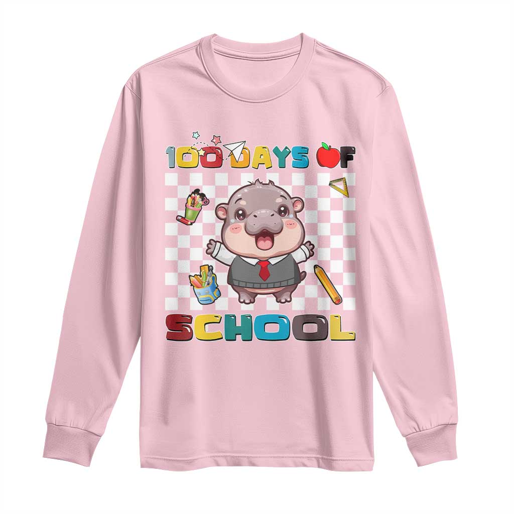 Moo Deng 100th Day Of School Long Sleeve Shirt Cute Baby Hippo 100 Days TS09 Light Pink Print Your Wear