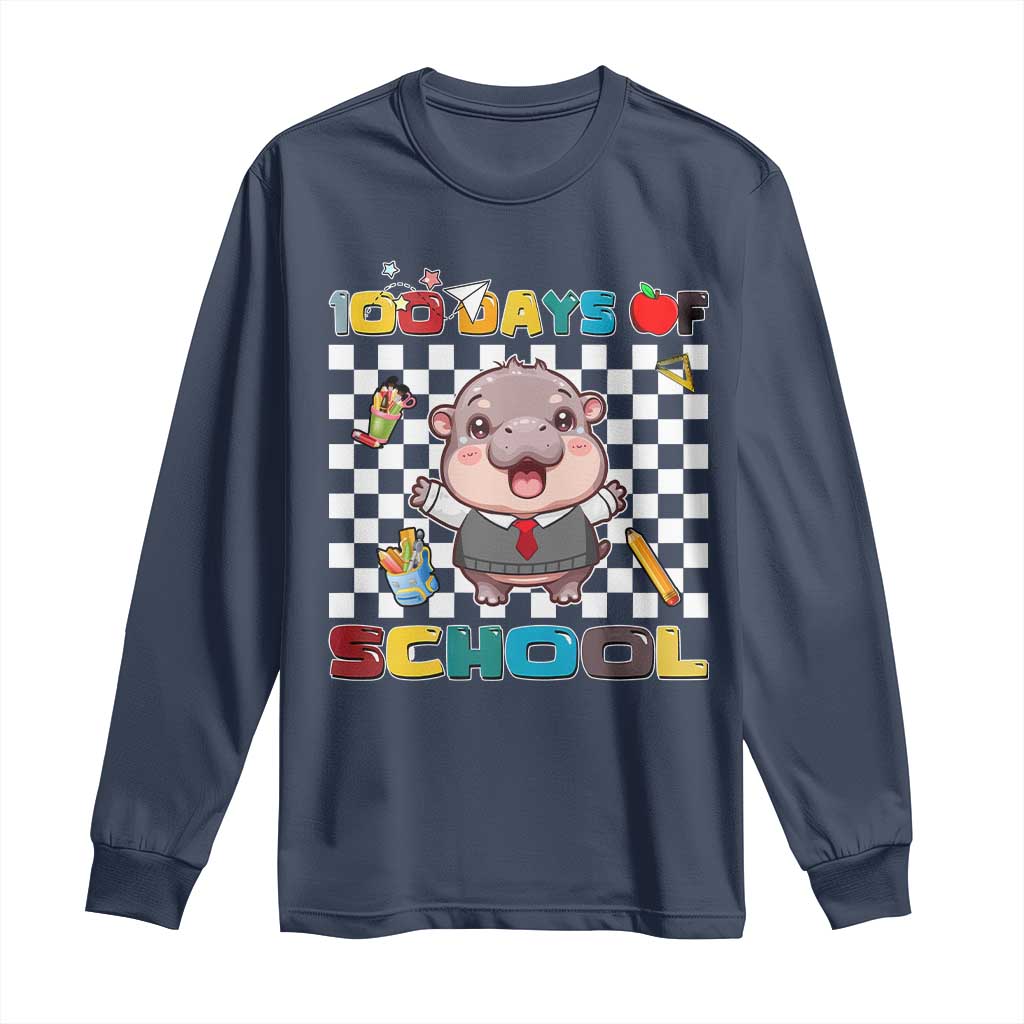 Moo Deng 100th Day Of School Long Sleeve Shirt Cute Baby Hippo 100 Days TS09 Navy Print Your Wear