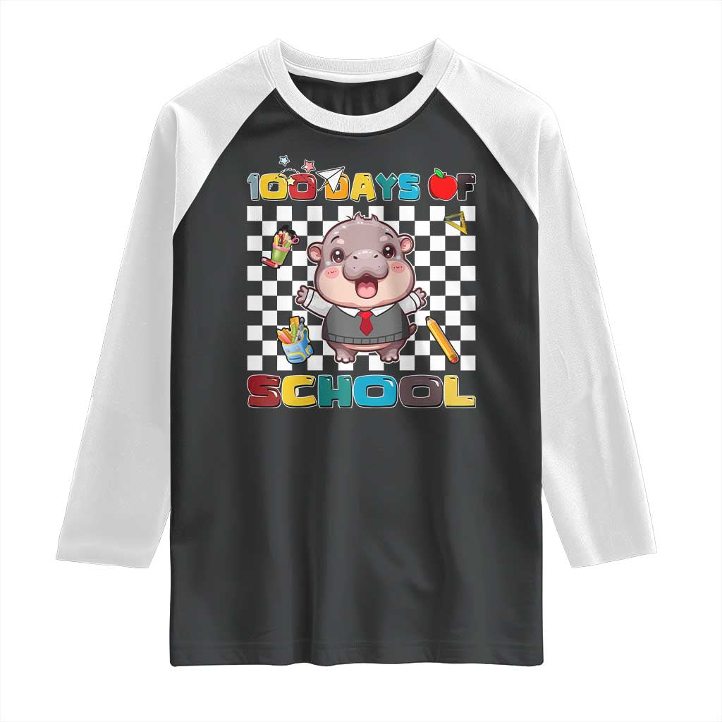 Moo Deng 100th Day Of School Raglan Shirt Cute Baby Hippo 100 Days TS09 Black White Print Your Wear