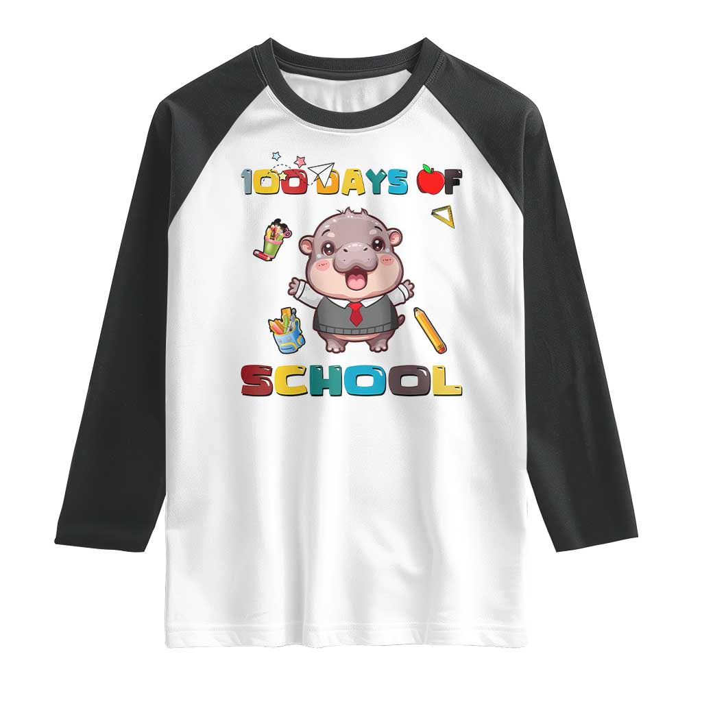 Moo Deng 100th Day Of School Raglan Shirt Cute Baby Hippo 100 Days TS09 White Black Print Your Wear
