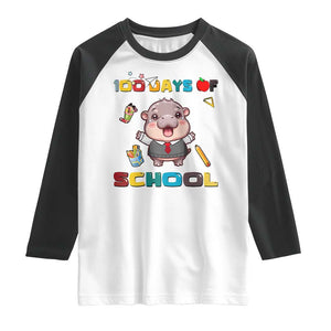 Moo Deng 100th Day Of School Raglan Shirt Cute Baby Hippo 100 Days TS09 White Black Print Your Wear