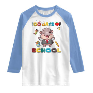 Moo Deng 100th Day Of School Raglan Shirt Cute Baby Hippo 100 Days TS09 White Carolina Blue Print Your Wear
